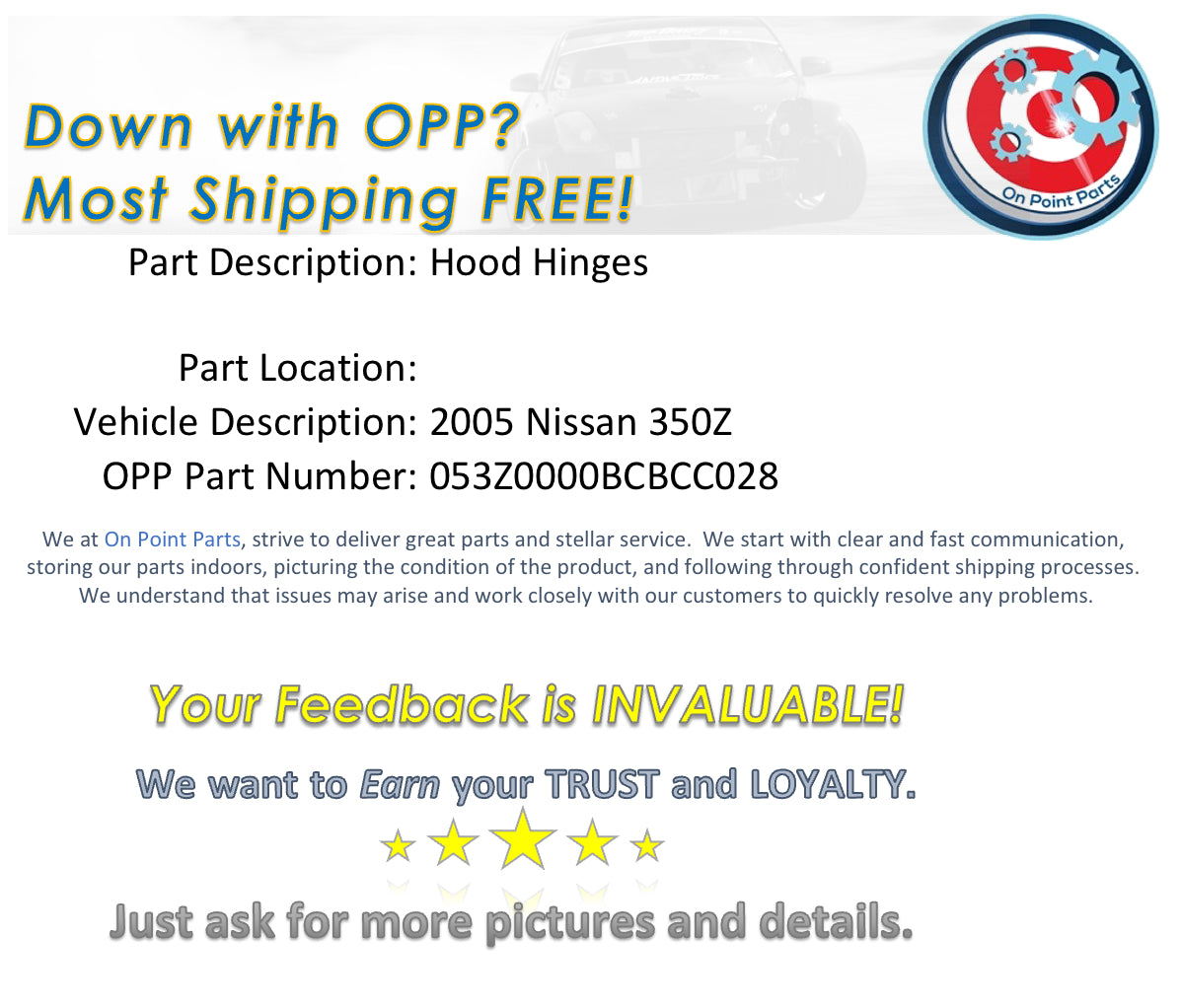 2005 Nissan 350Z Hood Hinges OEM 14BCBCC - On Point Parts Inc