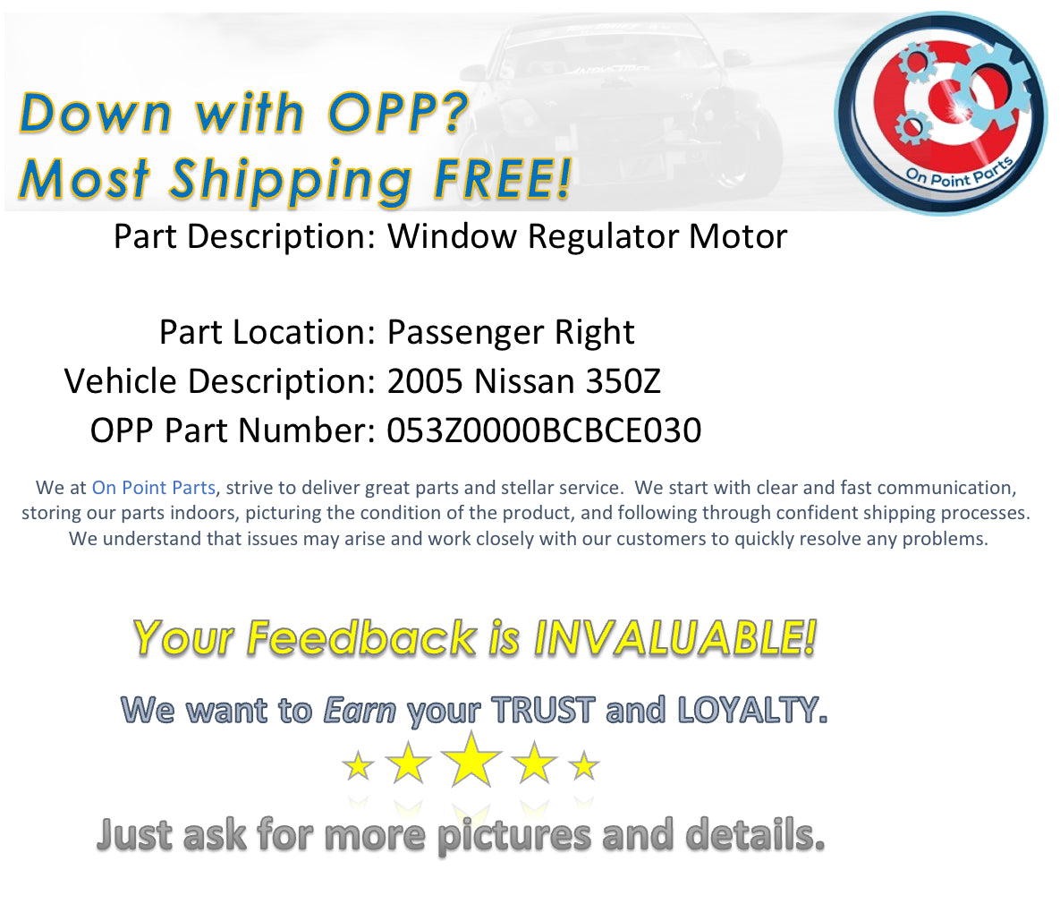 2005 Nissan 350Z Passenger Right Window Motor Regulator OEM 14BCBCE - On Point Parts Inc