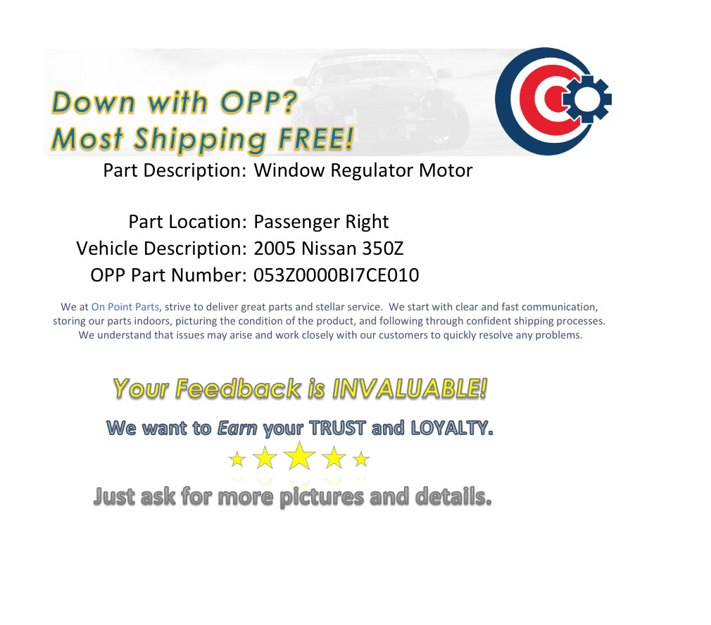 2005 Nissan 350Z Passenger Right Window Regulator Motor OEM 12BI7CE - On Point Parts Inc