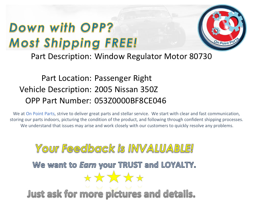 2005 Nissan 350Z Passenger Right Window Regulator Motor 80730 OEM 0BF8CE - On Point Parts Inc