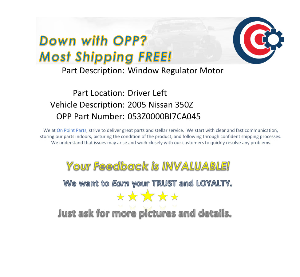 2005 Nissan 350Z Driver Left Window Regulator Motor OEM 12BI7CA - On Point Parts Inc