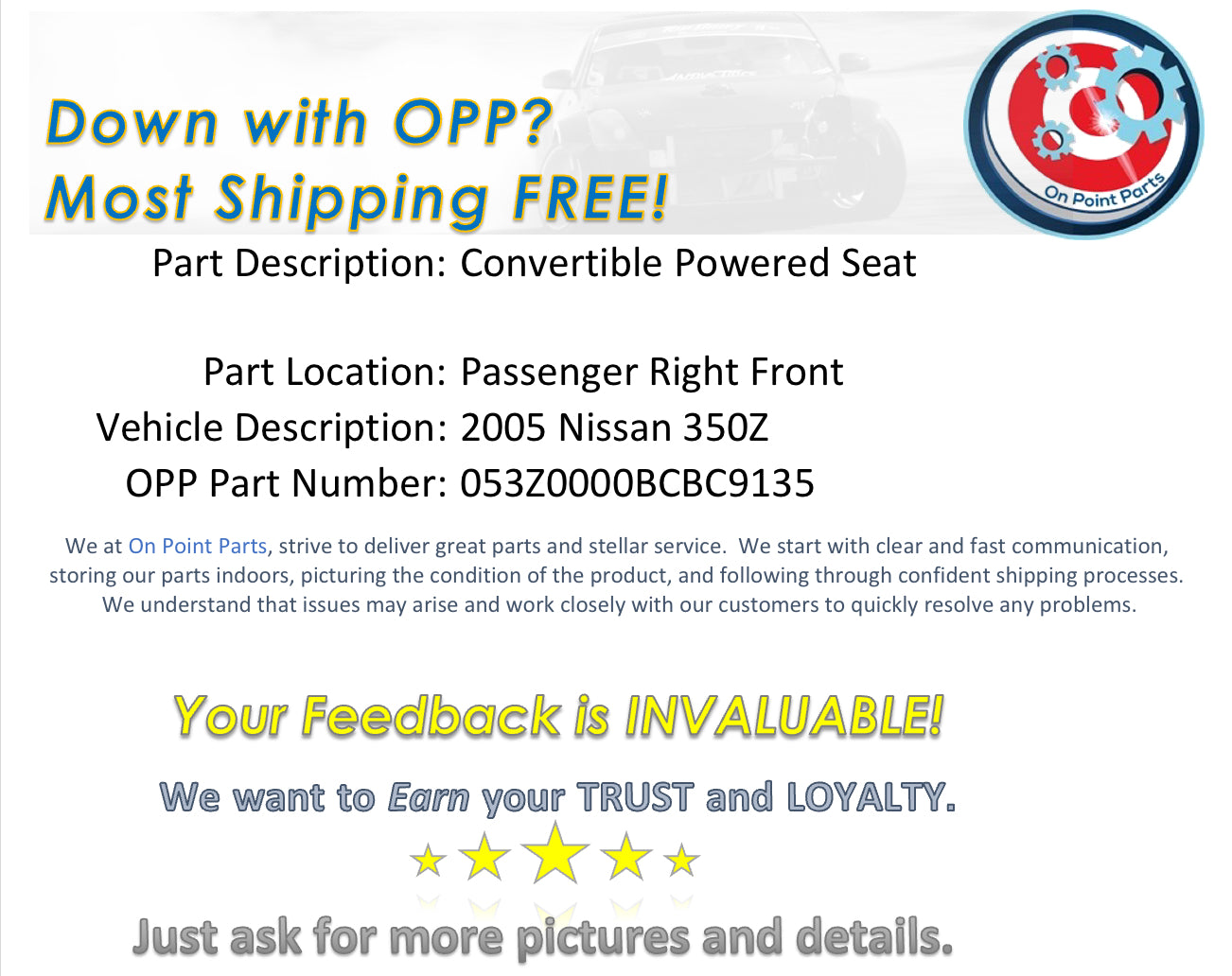 2005 Nissan 350Z Passenger Right Front Convertible Powered Seat OEM 14BCBC9 - On Point Parts Inc