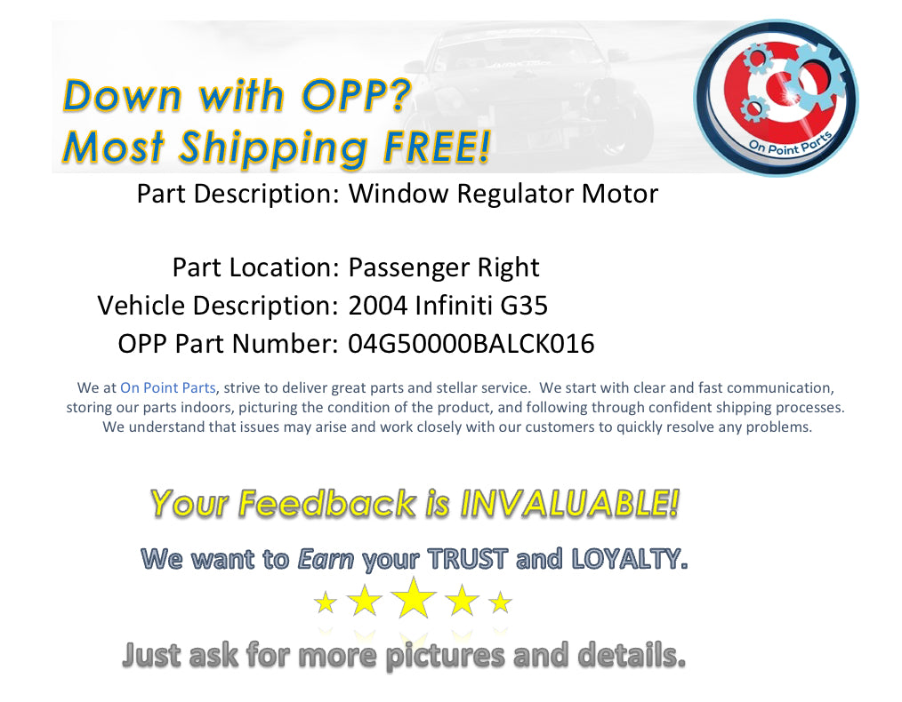 2004 Infiniti G35 Passenger Right Window Regulator Motor OEM 0BALCK - On Point Parts Inc