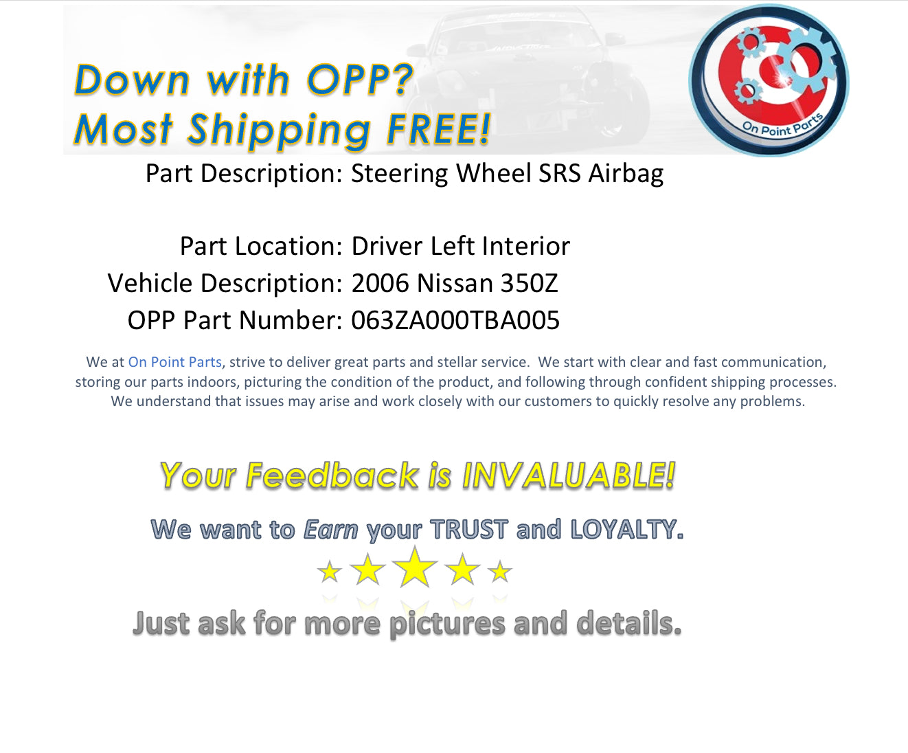 1TBA 2006 Nissan 350Z OEM Driver Left Interior Steering Wheel SRS Airbag - On Point Parts Inc