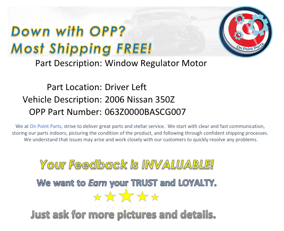 2006 Nissan 350Z Driver Left Window Motor Regulator OEM 0BASCG - On Point Parts Inc