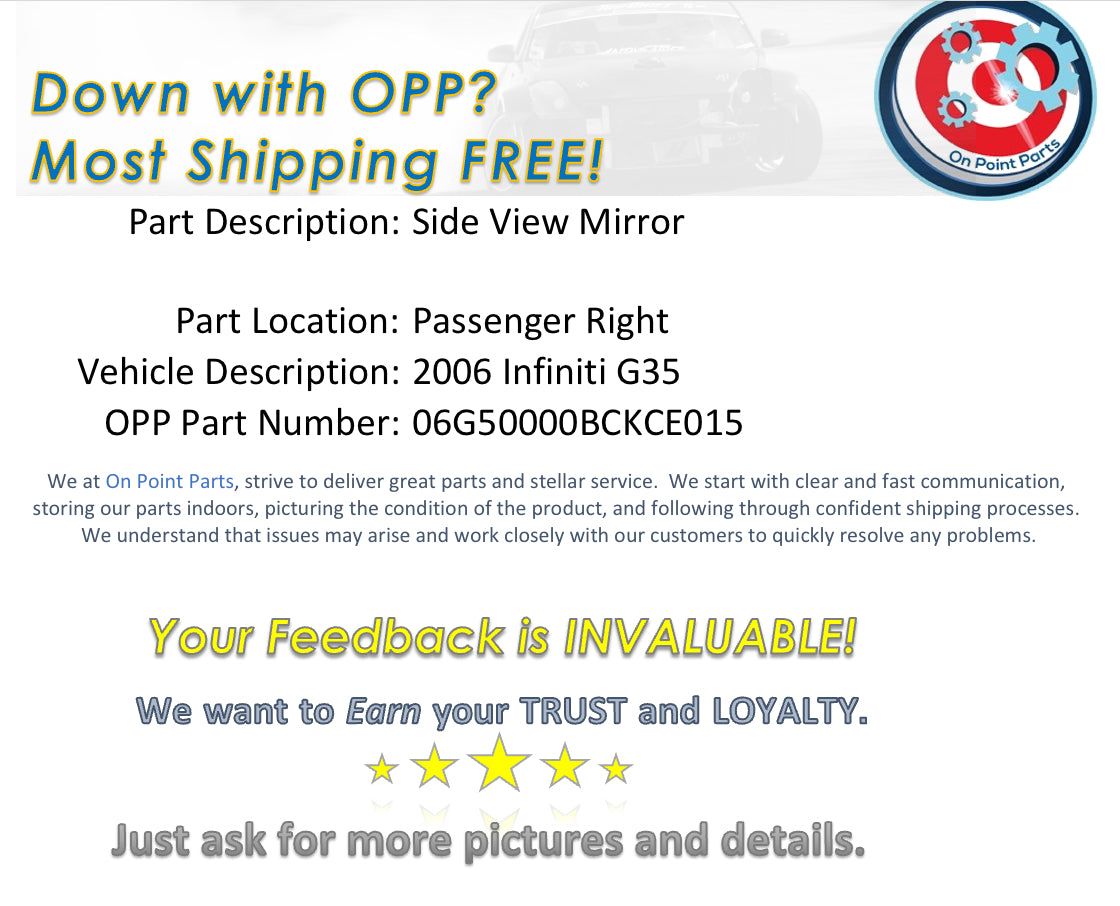 2006 Infiniti G35 Passenger Right Powered Side View Mirror OEM 0BCKCE - On Point Parts Inc