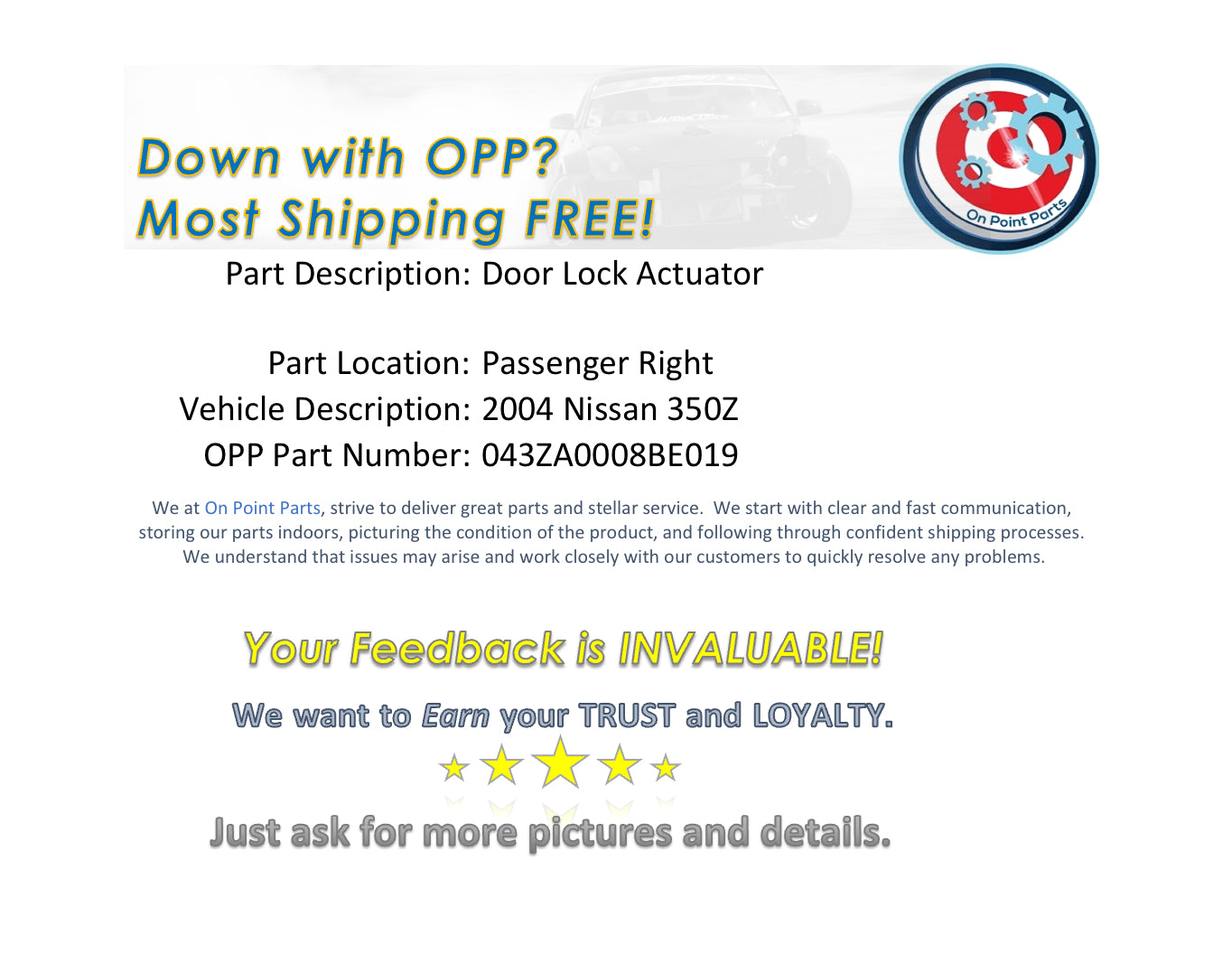 2004 Nissan 350Z Passenger Right Door Lock Actuator OEM 18BE - On Point Parts Inc