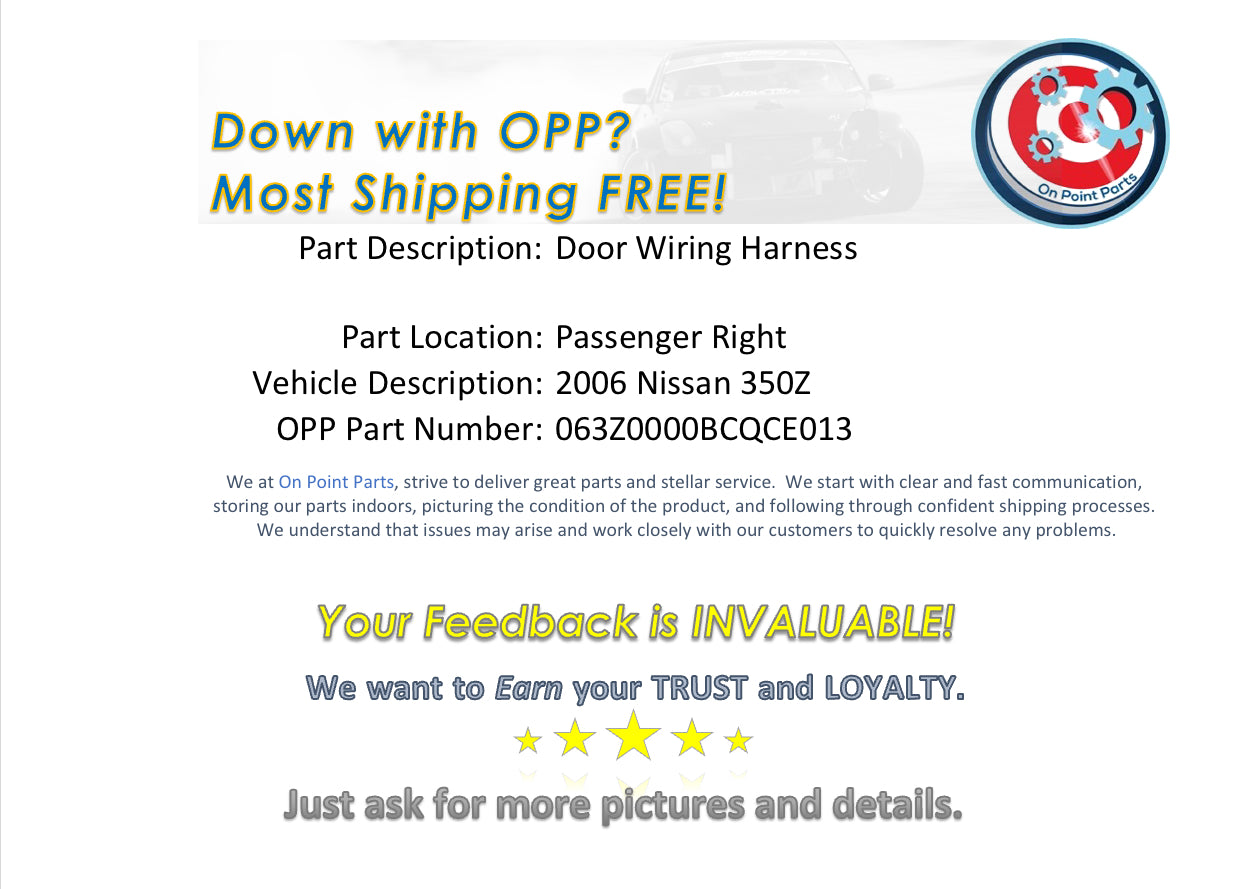 2006 Nissan 350Z Passenger Right Door Wiring Harness OEM 11BCQCE - On Point Parts Inc