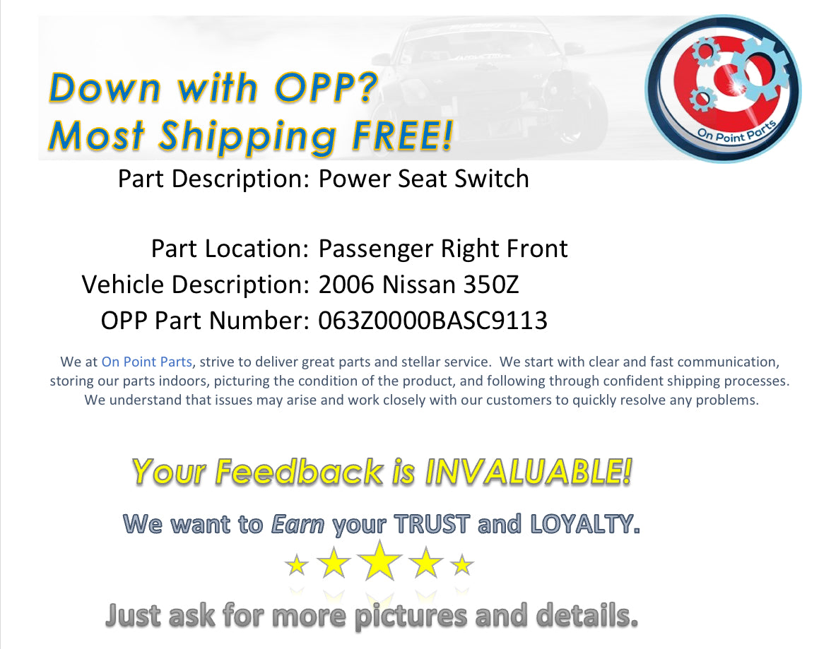 2006 Nissan 350Z Passenger Front Leather Power Seat with Switch OEM 0BASC9 - On Point Parts Inc