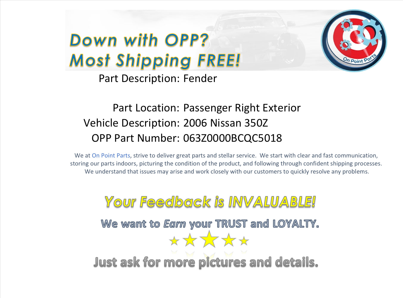 2006 Nissan 350Z Passenger Right Front Fender OEM 11BCQC5 - On Point Parts Inc