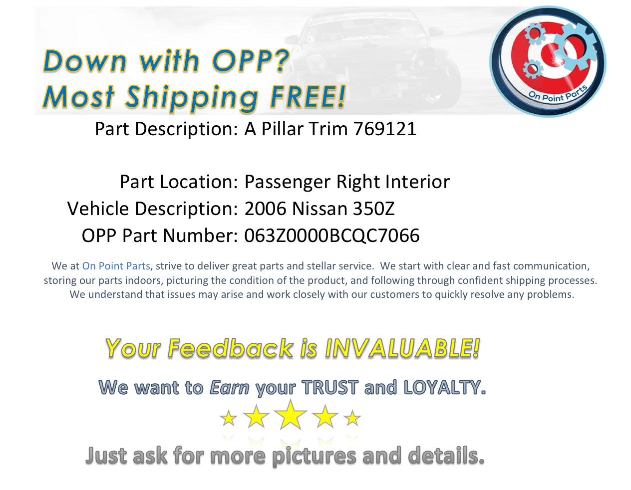 2006 Nissan 350Z Passenger Right Interior A Pillar Trim 769121 OEM 0BCQC7 - On Point Parts Inc