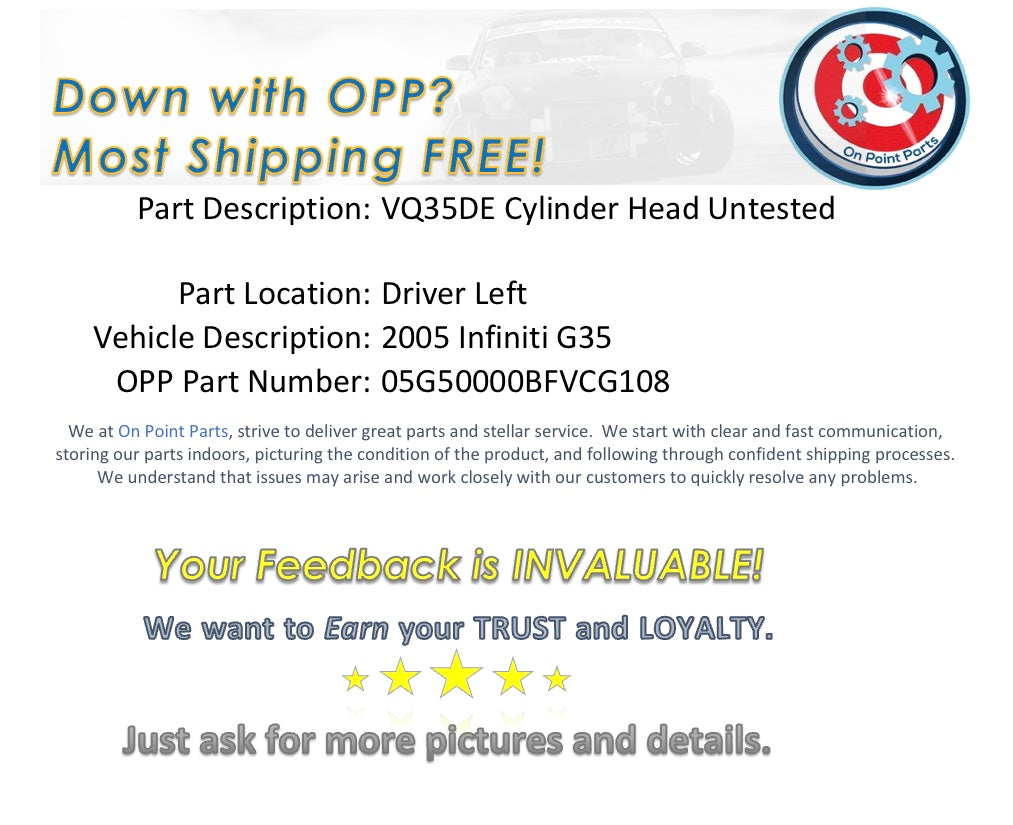 2005 Infiniti G35 Driver Left VQ35DE Engine Cylinder Head Untested OEM 11BFVCG - On Point Parts Inc