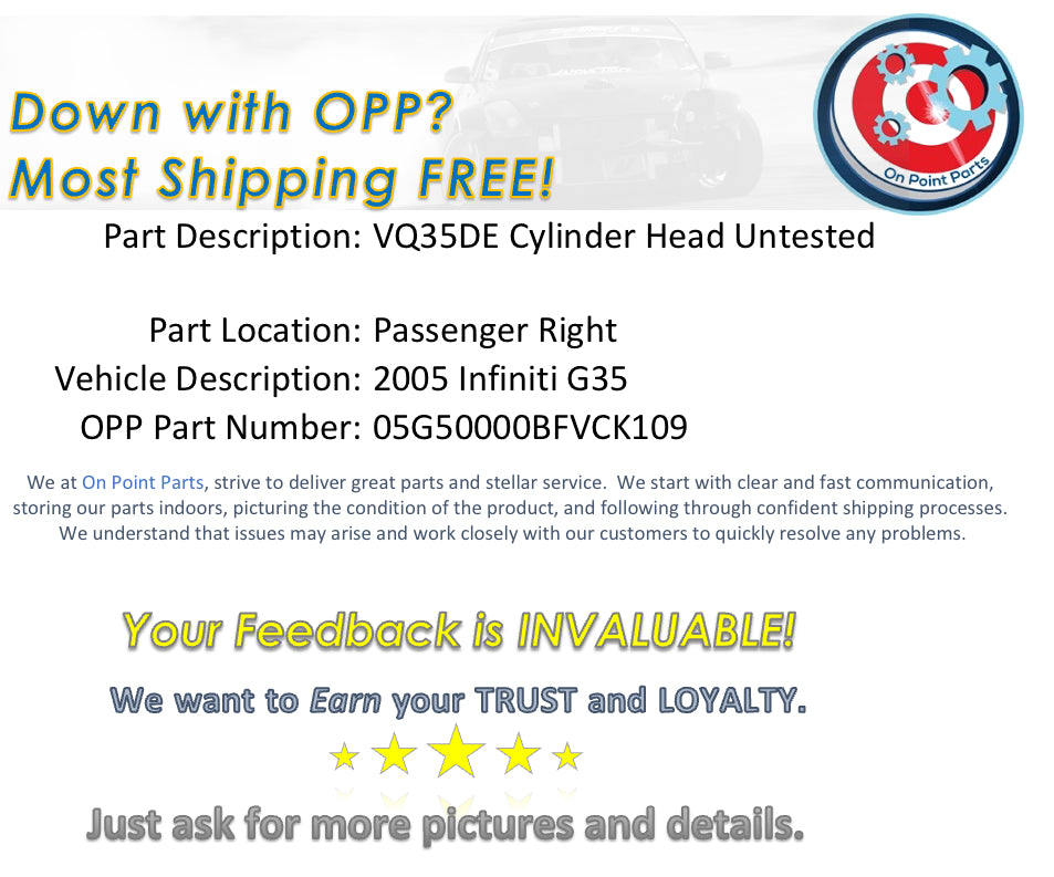 2005 Infiniti G35 Passenger Right VQ35DE Engine Cylinder Head Untest OEM 11BFVCK - On Point Parts Inc
