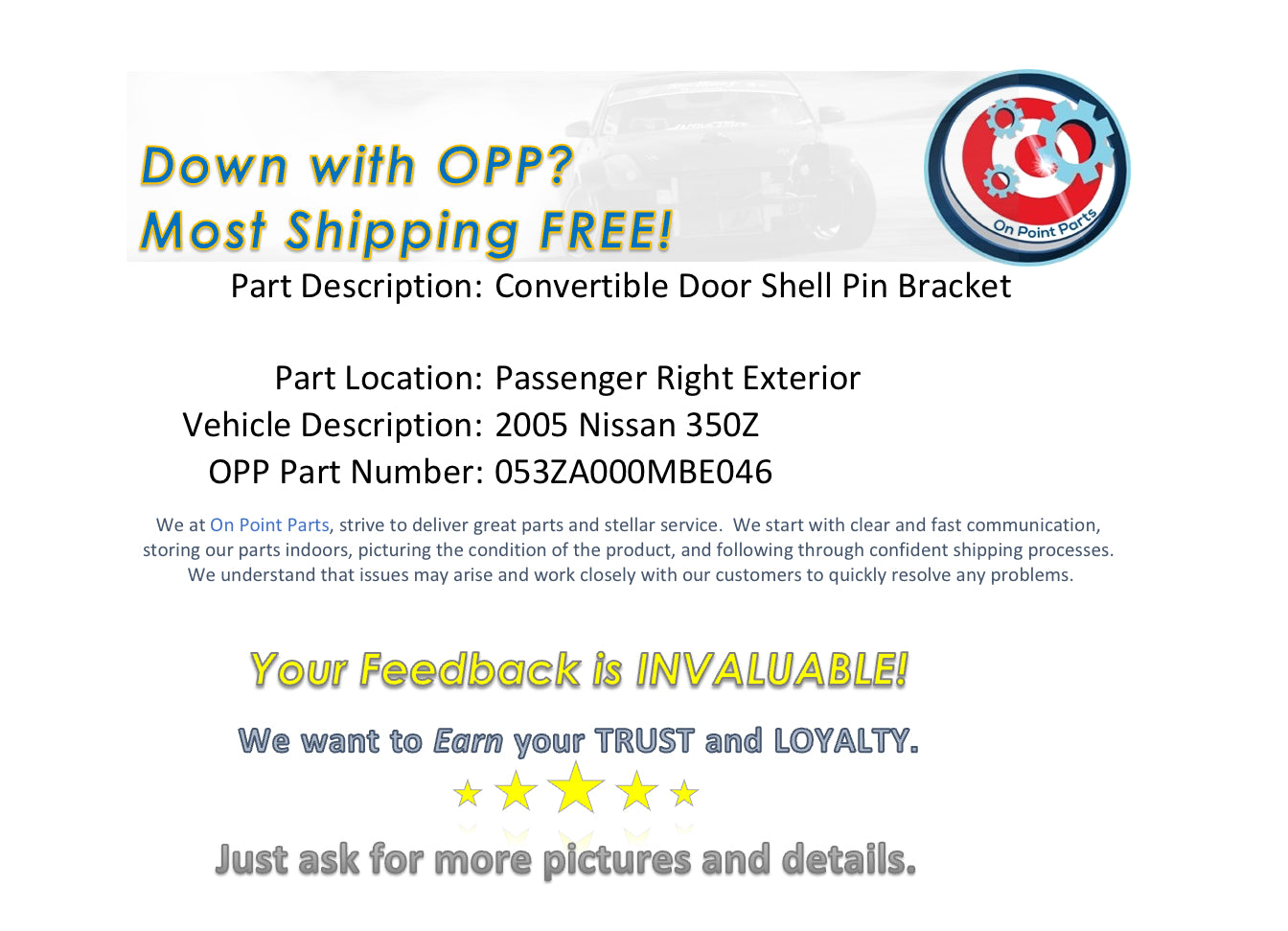 2005 Nissan 350Z Passenger Right Convertible Door Shell Pin Bracket OEM 0MBE - On Point Parts Inc