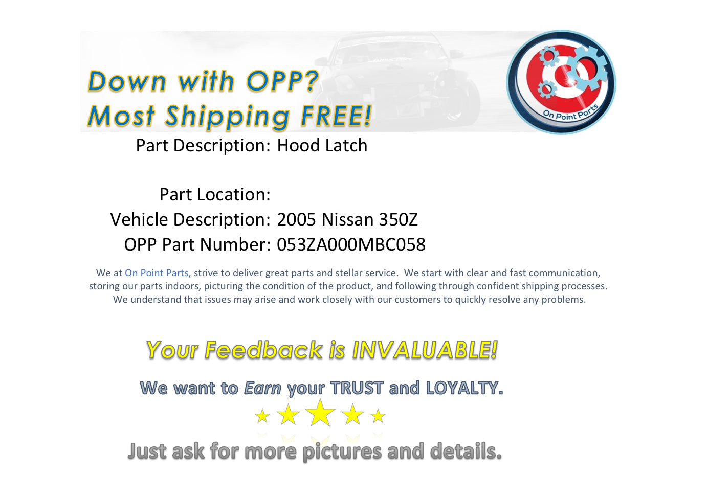 2005 Nissan 350Z Hood Latch OEM 0MBC - On Point Parts Inc