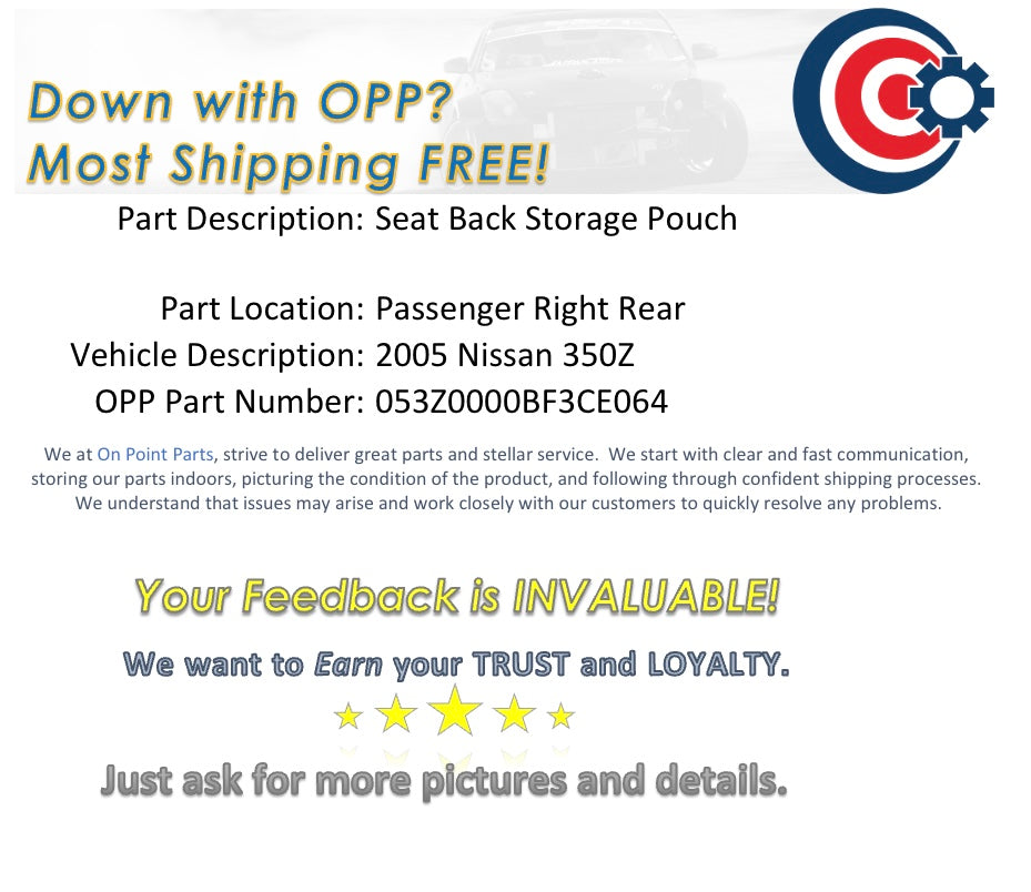 2005 Nissan 350Z Passenger Right Rear Seat Back Storage Pouch Z Logo OEM 0BF3CE - On Point Parts Inc