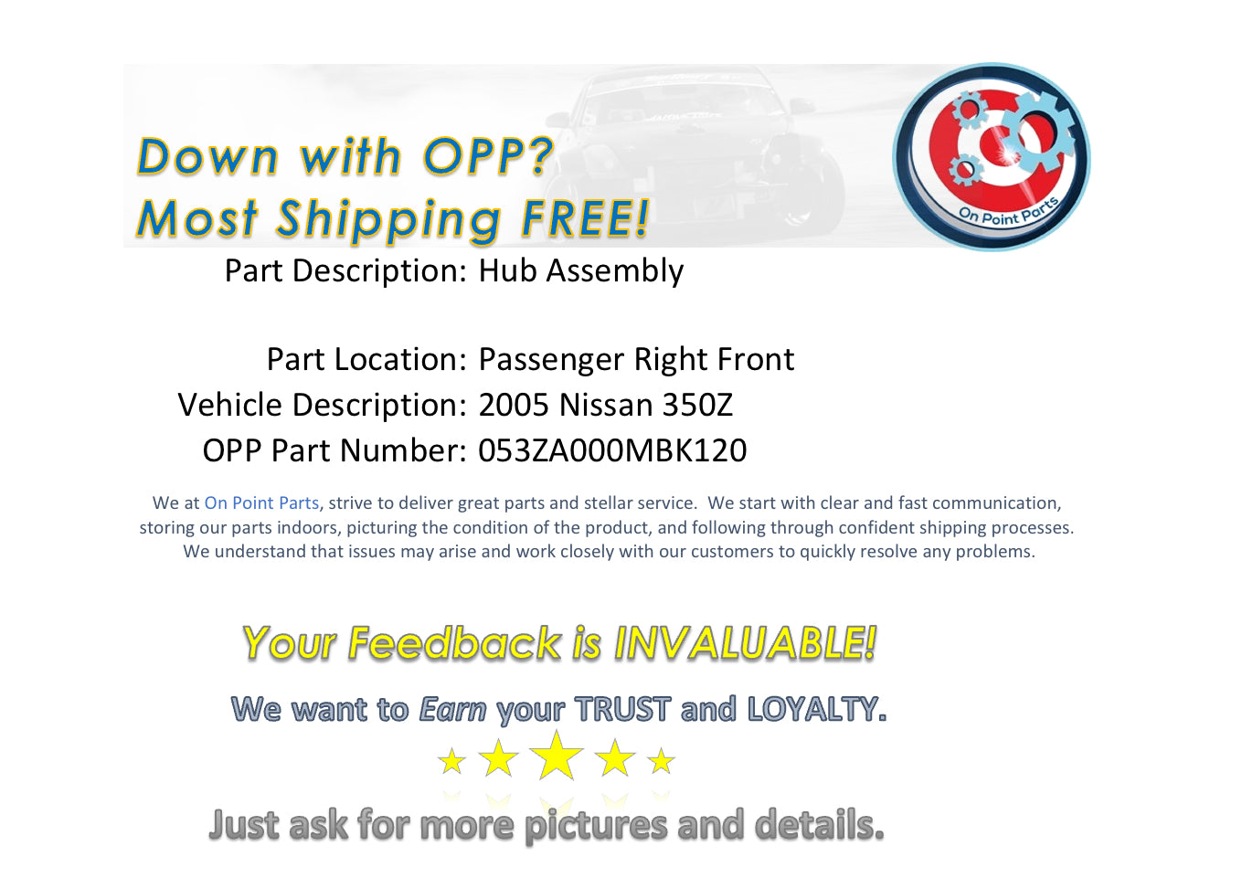 2005 Nissan 350Z Passenger Right Front Wheel Hub Bearing OEM 0MBK - On Point Parts Inc