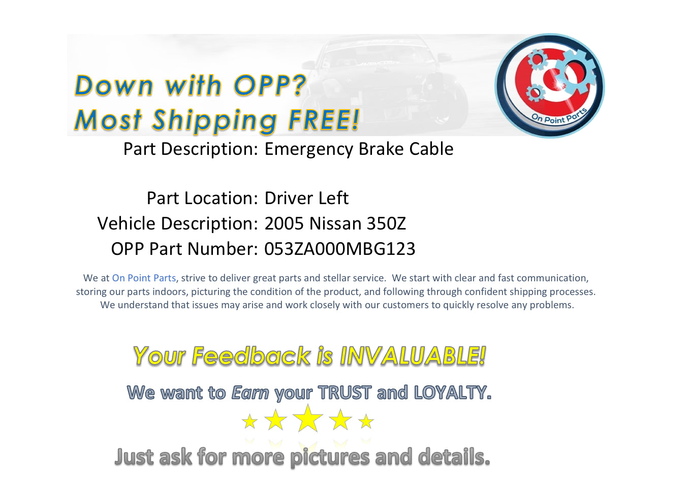 2005 Nissan 350Z Driver Left Emergency Brake Cable OEM 0MBG - On Point Parts Inc