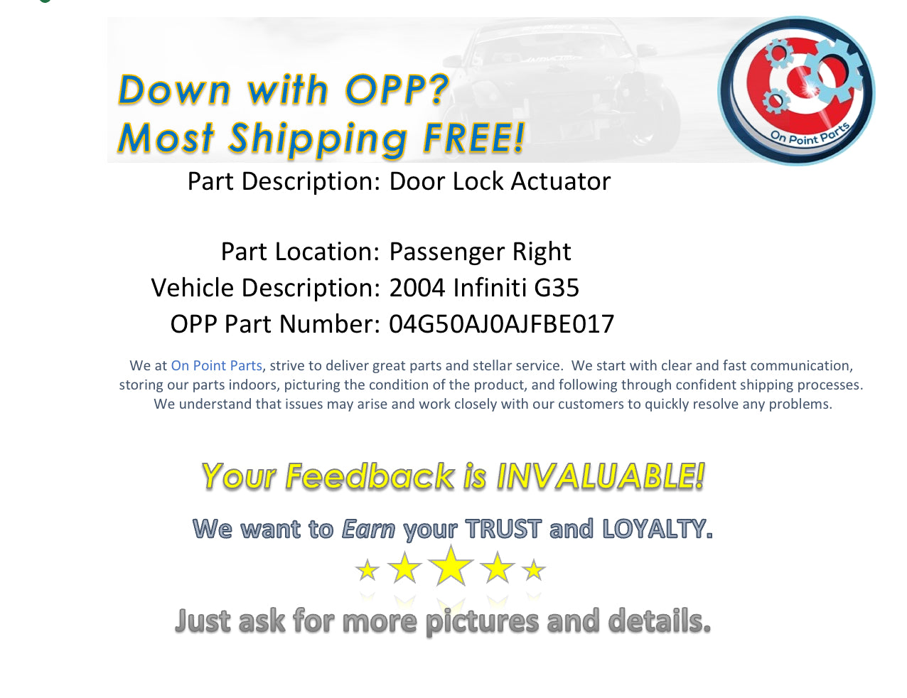 2004 Infiniti G35 Passenger Right Door Lock Actuator OEM 0AJFBE - On Point Parts Inc