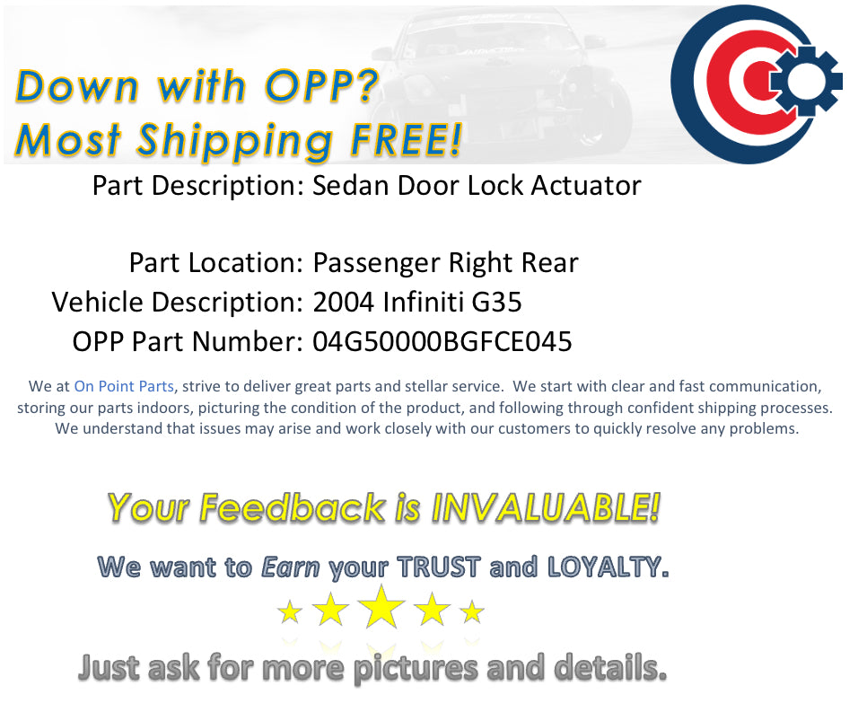2004 Infiniti G35 Sedan Passenger Right Rear Door Lock Actuator OEM 13BGFCE - On Point Parts Inc