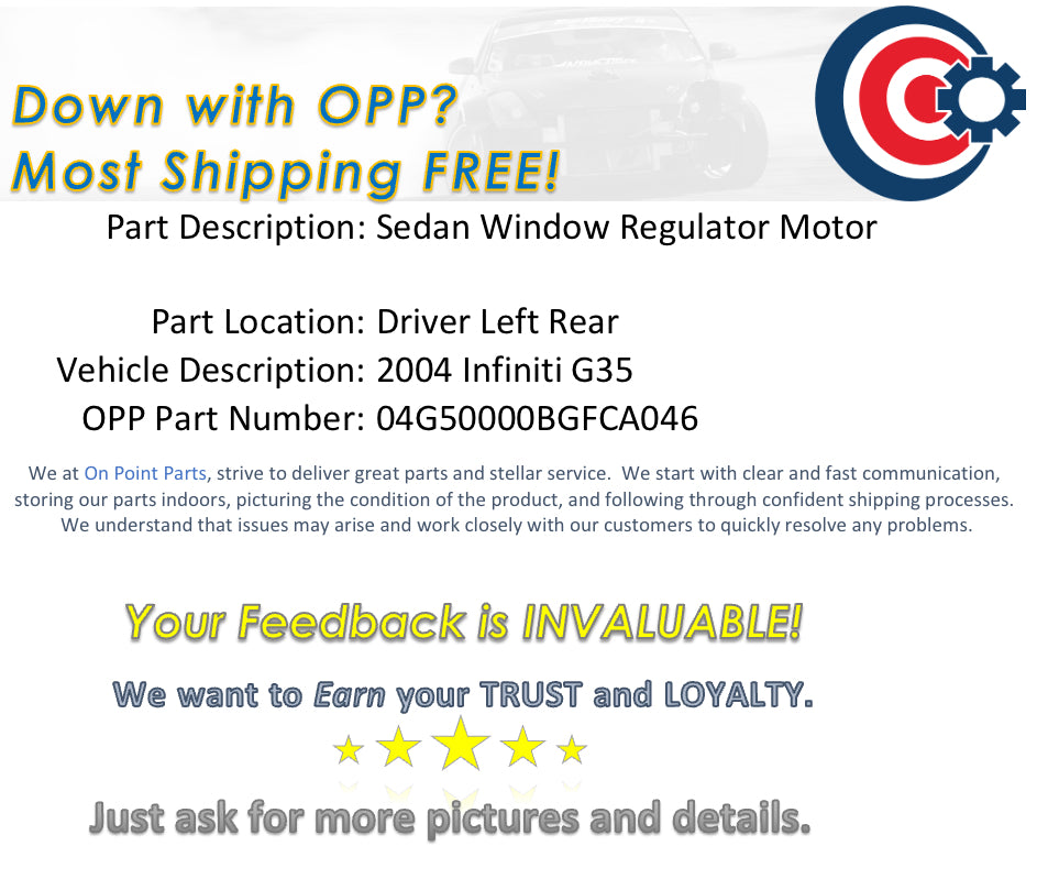 2004 Infiniti G35 Sedan Driver Left Rear Window Regulator Motor OEM 13BGFCA - On Point Parts Inc