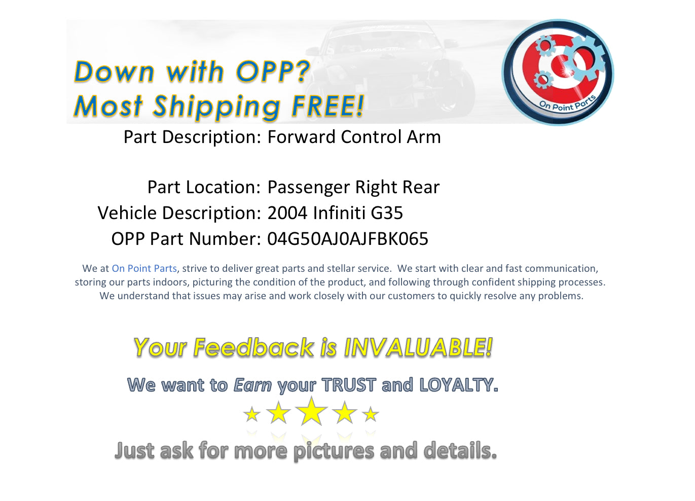 2004 Infiniti G35 Passenger Right Rear Forward Control Arm OEM 0AJFBK - On Point Parts Inc