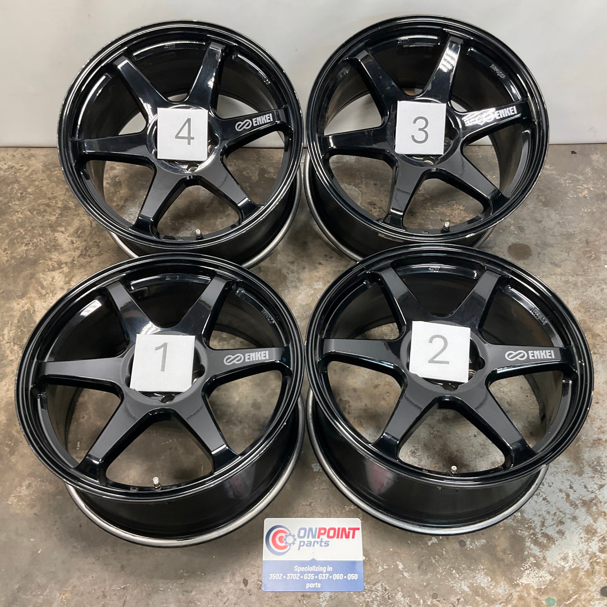 Enkei Tuning T6R Rims Wheels Front 18x8.5 Rear 18x9.5 Gloss Black 5x114.3 - On Point Parts Inc