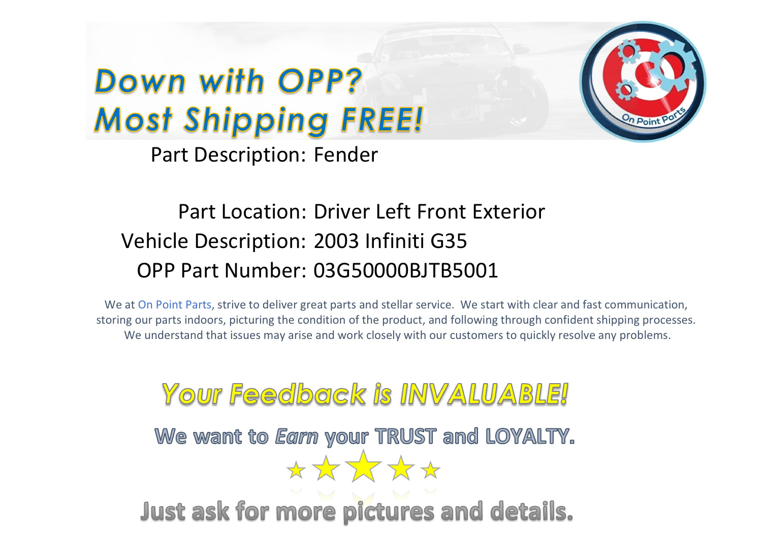 2003 Infiniti G35 Driver Left Front Fender OEM 0BJTB5 - On Point Parts Inc